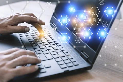 Big data technology background. Using a laptop against the background of Stock Photos