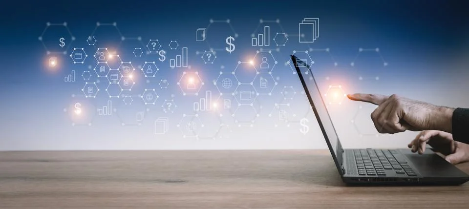 Big data technology background. Using a laptop against the background of Stock Photos