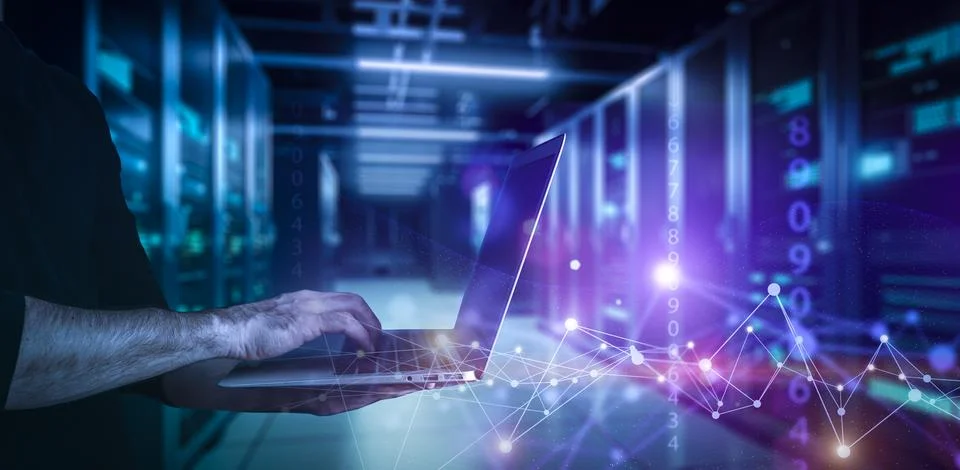 Big data technology background. Using a laptop against the background of Stock Photos