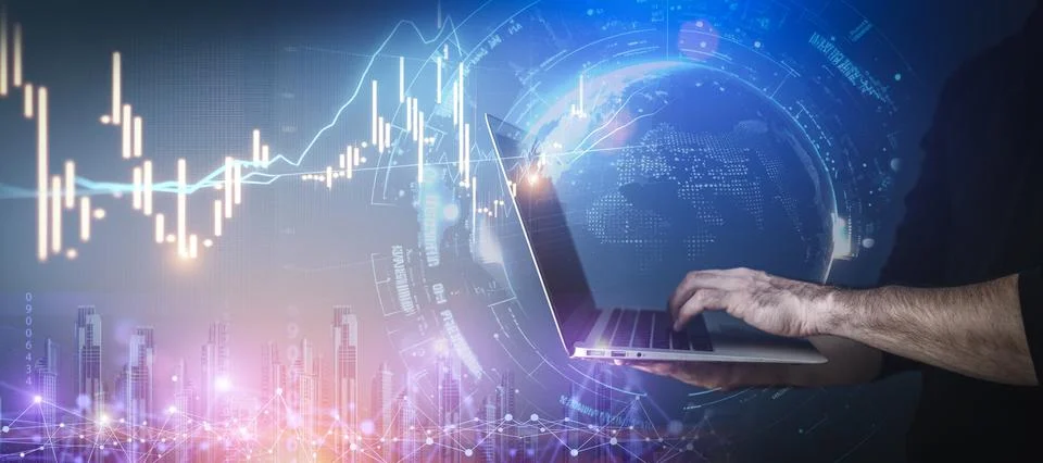 Big data technology background. Using a laptop against the background of Stock Photos