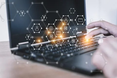 Big data technology background. Using a laptop against the background of Stock Photos
