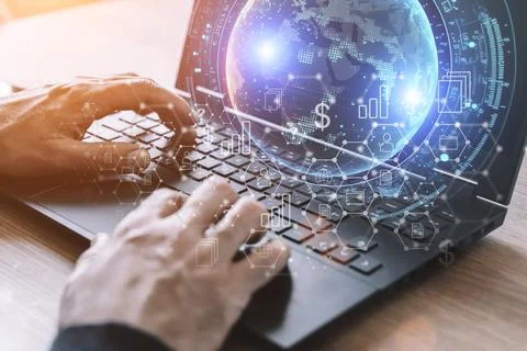 Big data technology background. Using a laptop against the background of Stock Photos