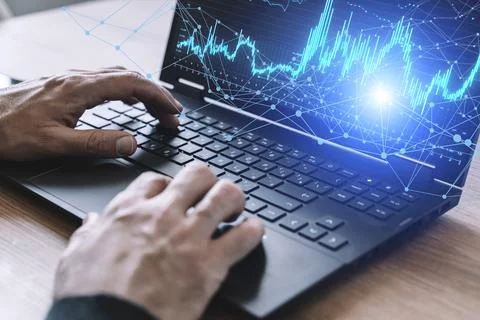 Big data technology background. Using a laptop against the background of Stock Photos