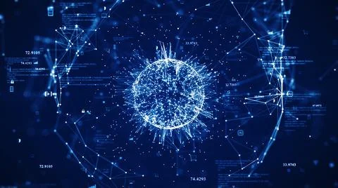 Big data technology concept. The interconnected polygons form a prominent sph Illustrazione stock