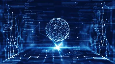 Big data technology concept. There is a prominent spherical interconnected po Illustrazione stock