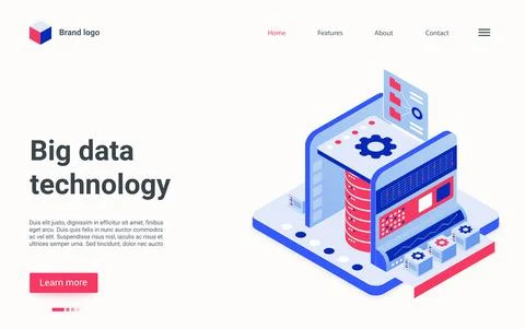 Big data technology isometric concept landing page, cartoon 3d tech database Stock Illustration