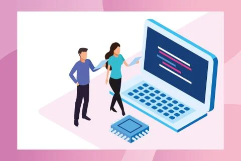 Big data technology with laptop and people Illustrazione stock