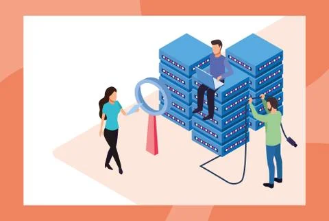 Big data technology with servers and people Illustrazione stock