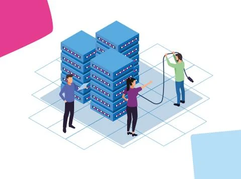 Big data technology with servers and people Illustrazione stock