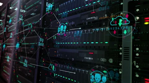 Big data technology symbols on servers room in background loop Stock Footage 142630174