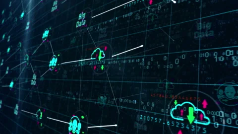 Big data technology symbols on servers room in background loop Stock Footage 142659711