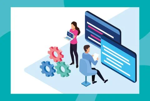Big data technology with webpage template and people 스톡 일러스트