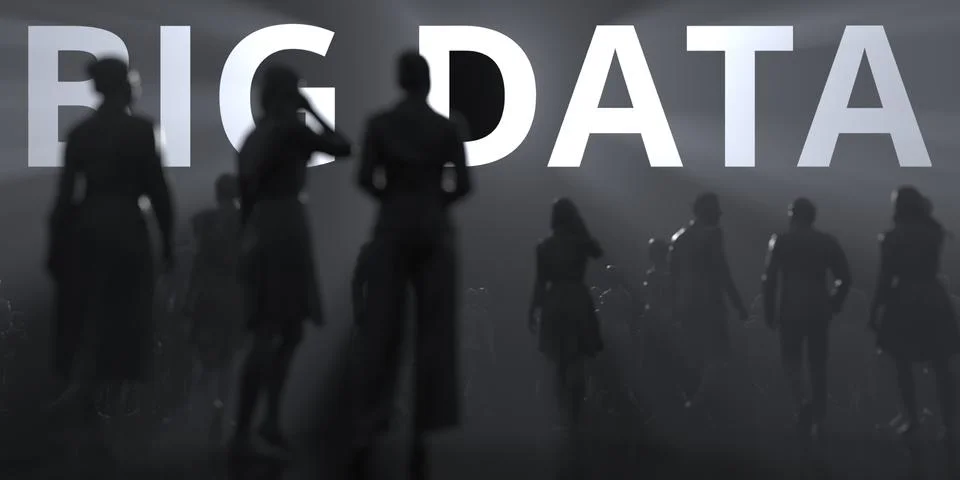 BIG DATA text and backlit anonymous crowd conceptual 3d rendering Illustrazione stock