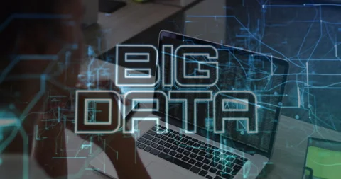Big data text animation over person working on laptop with code on screen Stock Footage 304095819