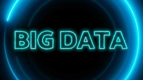 Big data text with neon glowing circle on a black background. Ilustración de archivo
