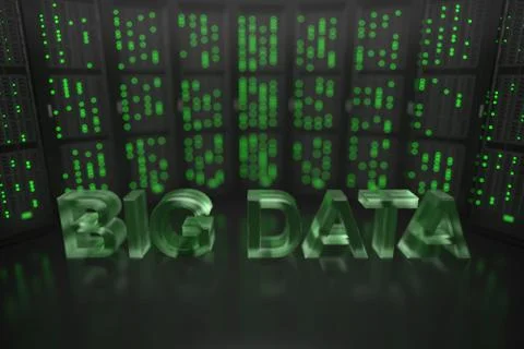 BIG DATA text on server room background. Conceptual 3D rendering Illustrazione stock