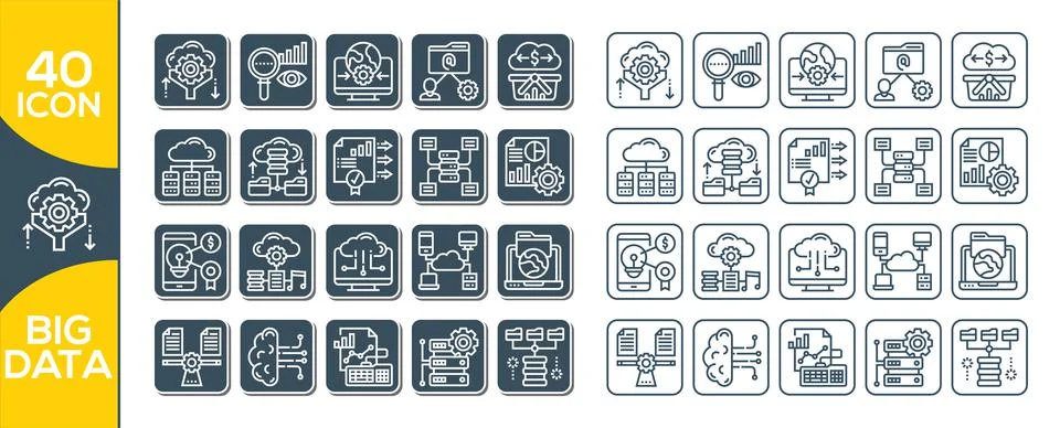 Big data vector line icons. Set of Data Analysis Related Technology Vector Li Stock Illustration