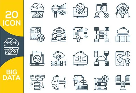 Big data vector line icons. Set of Data Analysis Related Technology Vector Li Stock Illustration