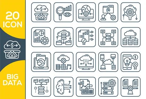 Big data vector line icons. Set of Data Analysis Related Technology Vector Li 库存插图