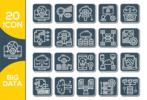 Big data vector line icons. Set of Data Analysis Related Technology Vector Li Illustrazione stock