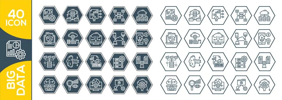 Big data vector line icons. Set of Data Analysis Related Technology Vector Li Stock Illustration