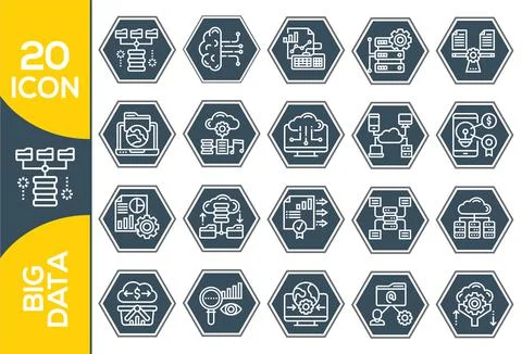 Big data vector line icons. Set of Data Analysis Related Technology Vector Li Stock Illustration