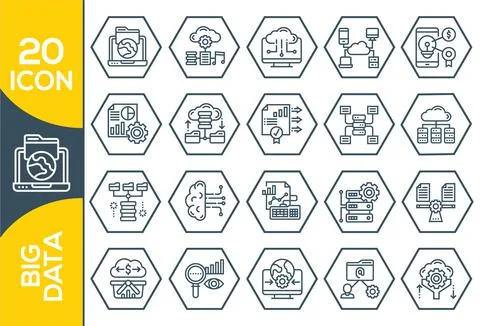 Big data vector line icons. Set of Data Analysis Related Technology Vector Li Stock Illustration