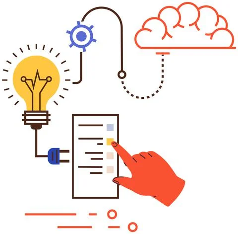 Big data visualization connection complex with icon. Hand points to system Illustrazione stock