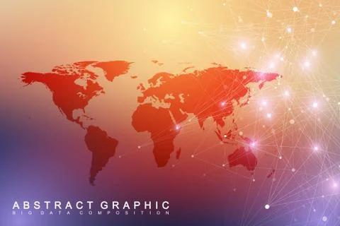 Big data visualization with a world map. Abstract vector background with dynamic Illustrazione stock