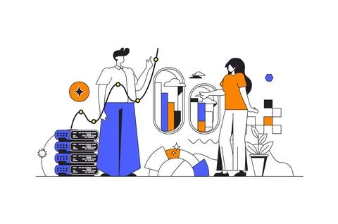 Big data web concept in flat outline design with characters. Man and woman an Stock Illustration