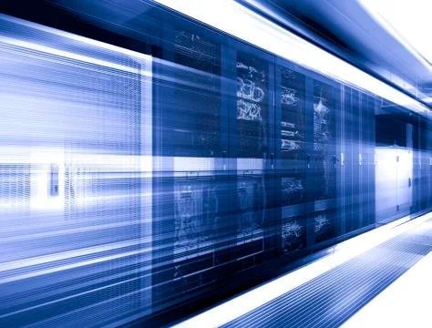 Big datacenter with control modules in server room motion blur 3d rendering Stock Photos