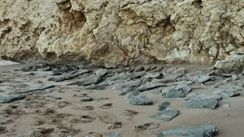 Big dead ancient coral reef is on sandy beach by sea in reserve of Ras Mohammed Video stock 305840928