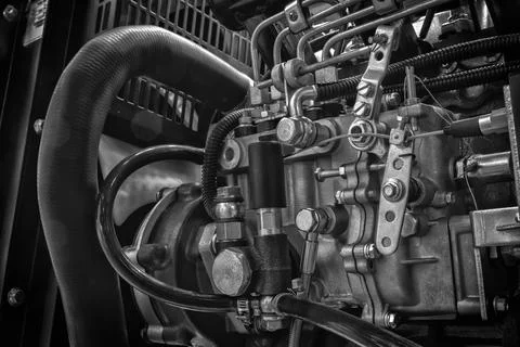 Big diesel engine close up feed from the side, industrial service engine conc Foto stock