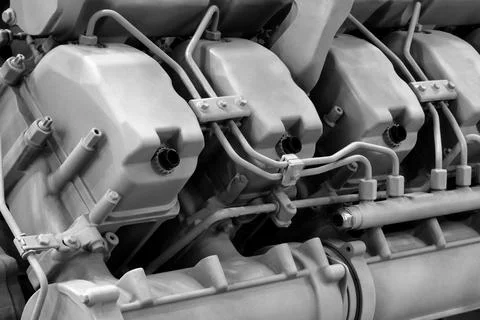 Big diesel engine close up feed from the side, industrial service engine conc Stock Photos