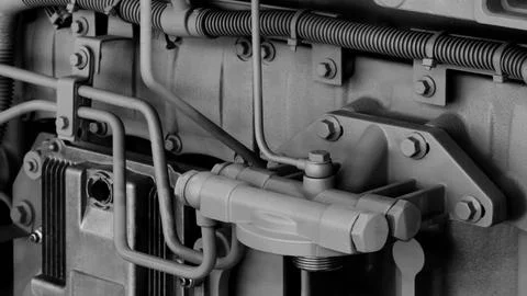 Big diesel engine close up feed from the side, industrial service engine conc Stock Photos