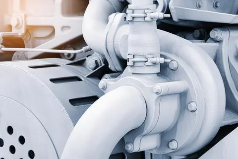 Big diesel engine close up feed from the side, industrial service engine conc Stock Photos