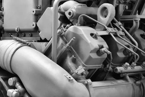 Big diesel engine close up feed from the side, industrial service engine conc Stock Photos