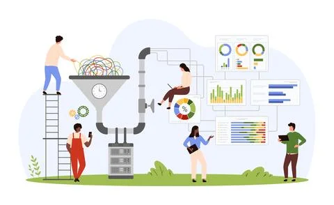 Big digital data analysis, classification and storage, tiny people work with イラスト素材