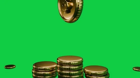 Big dollar coin dropping from above rotating flaring joining stack showing Stock Footage 340269394