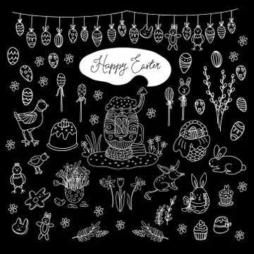 Big doodle Easter set white outline on black. Stock Illustration