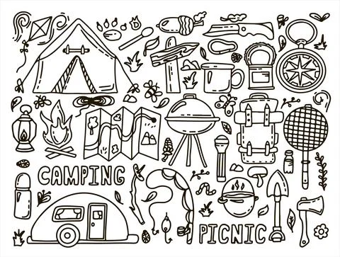 Big Doodle vector camping set. Sketch hiking Icons.Hand draw illustration for Stock Illustration