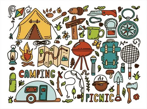 Big Doodle vector camping set. Sketch hiking Icons.Hand draw illustration for Stock Illustration