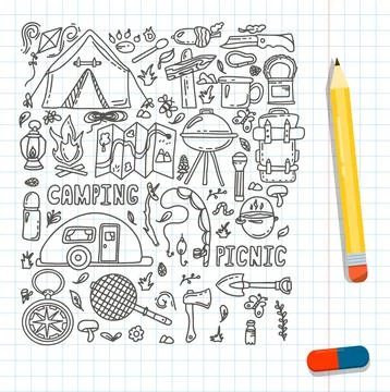 Big Doodle vector camping set. Sketch hiking Icons.Hand draw illustration for 库存插图