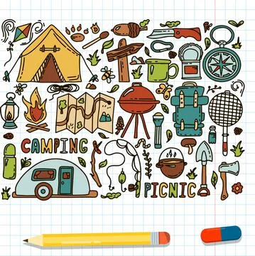 Big Doodle vector camping set. Sketch hiking Icons.Hand draw illustration for Stock Illustration