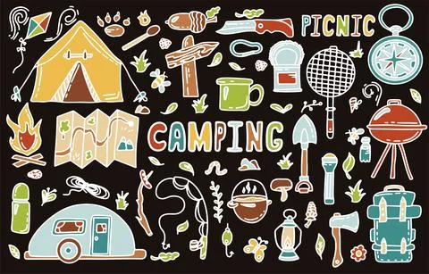Big Doodle vector camping set. Sketch hiking Icons.Hand draw illustration for Stock Illustration