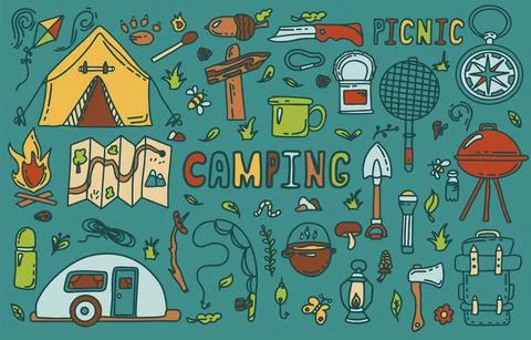 Big Doodle vector camping set. Sketch hiking Icons.Hand draw illustration for Stock Illustration