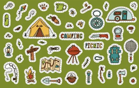 Big Doodle vector camping set. Sketch hiking stickers.Hand draw illustration for Stock Illustration