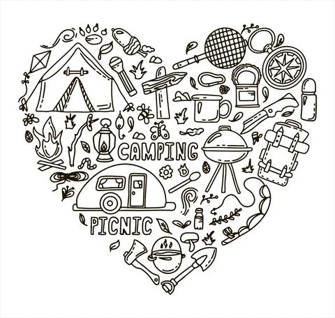 Big Doodle vector camping set. Sketch hiking Icons.Hand draw illustration for Stock Illustration