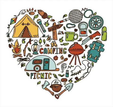Big Doodle vector camping set. Sketch hiking Icons.Hand draw illustration for Stock Illustration