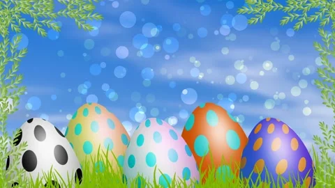 Big dotted eggs animation on blue sky background and waving leafs Stock Footage 234108032